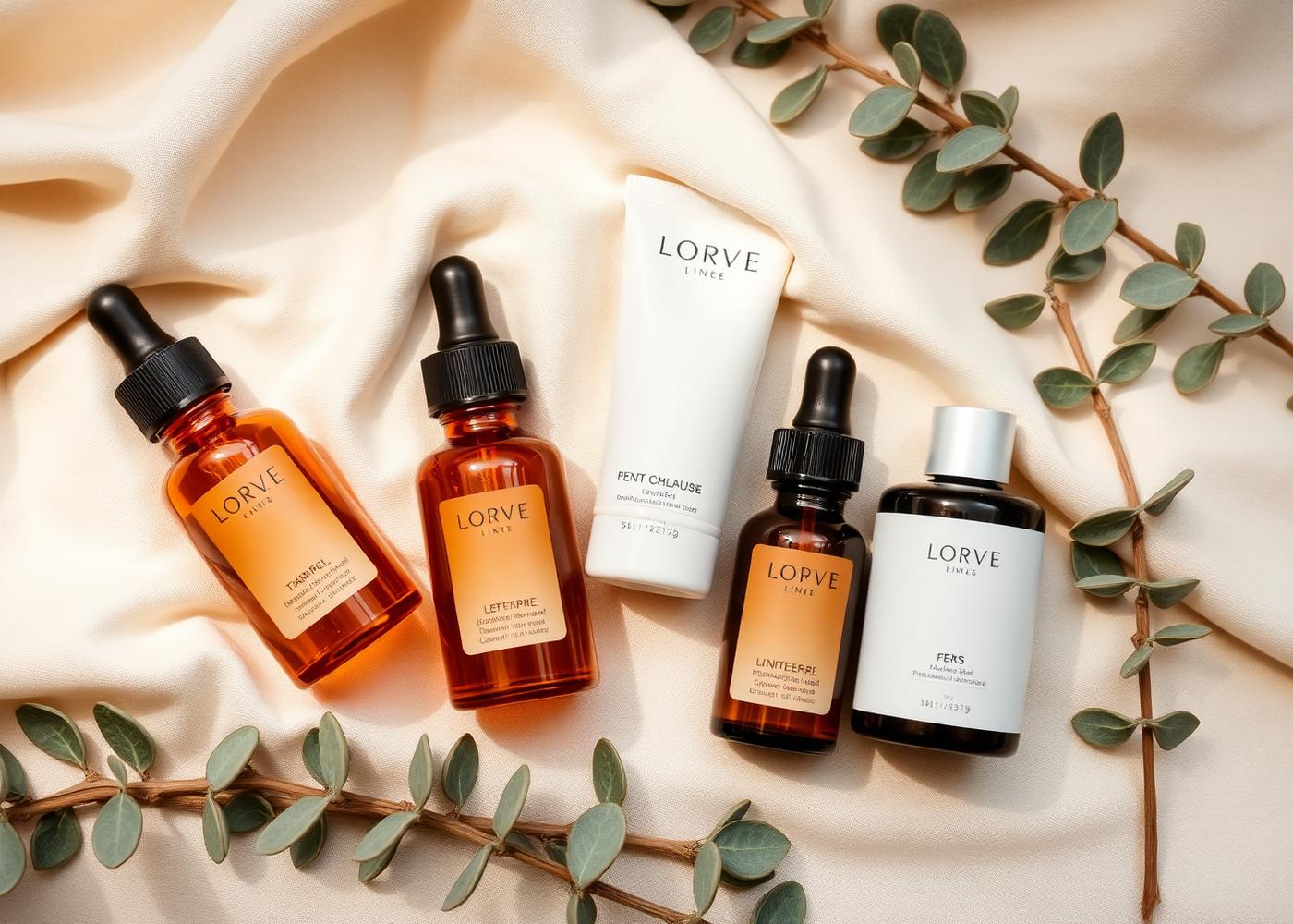 Professional skincare products with eucalyptus on cream linen