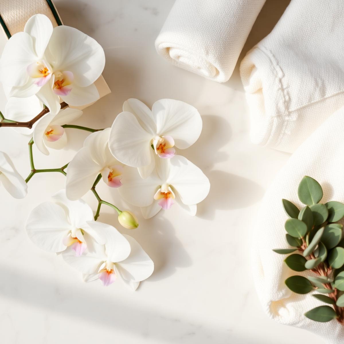Soft white orchids on marble with cream linens